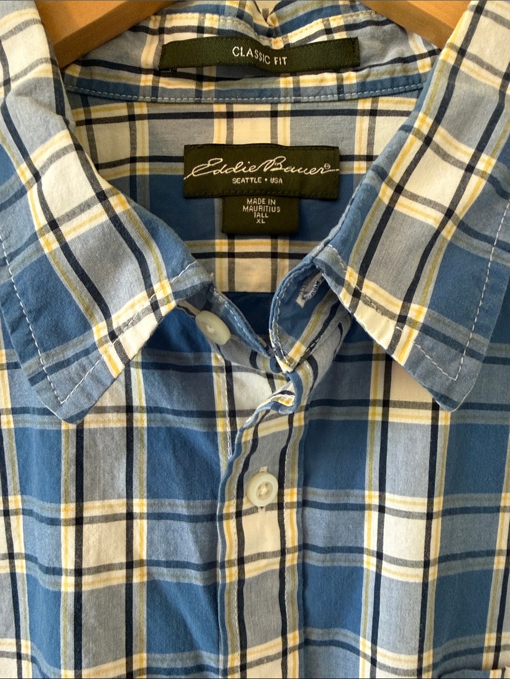 Eddie Bauer 100% Cotton Blue, Yellow, White Plaid Button-Down Shirt, XL Tall
